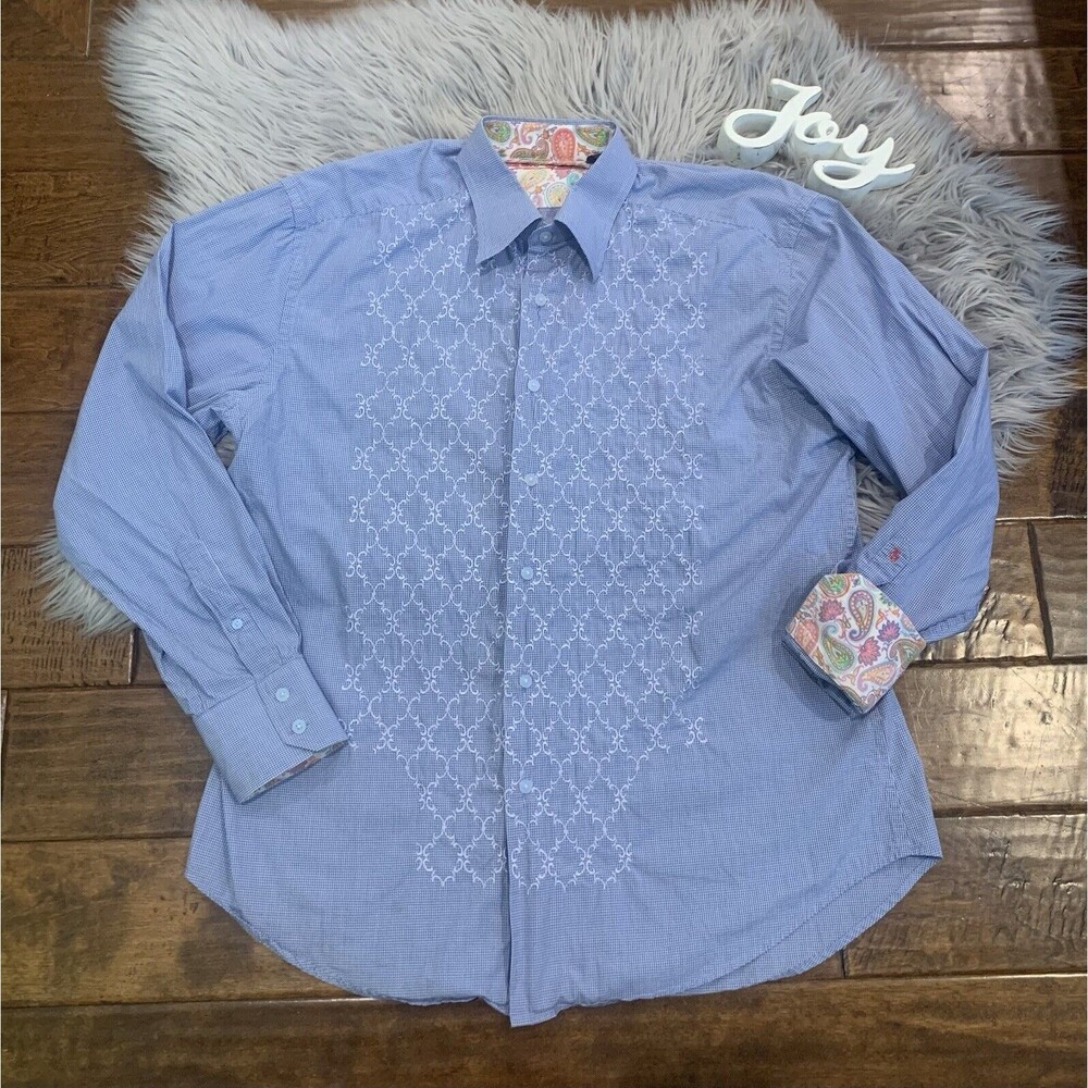 Robert Graham Button Up Shirt Size XL Embroidered Blue White Paisley Flip Cuff